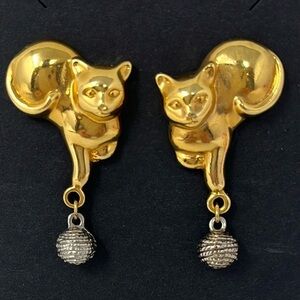 Gold Tone Cat Earrings with Silver Tone Accents
